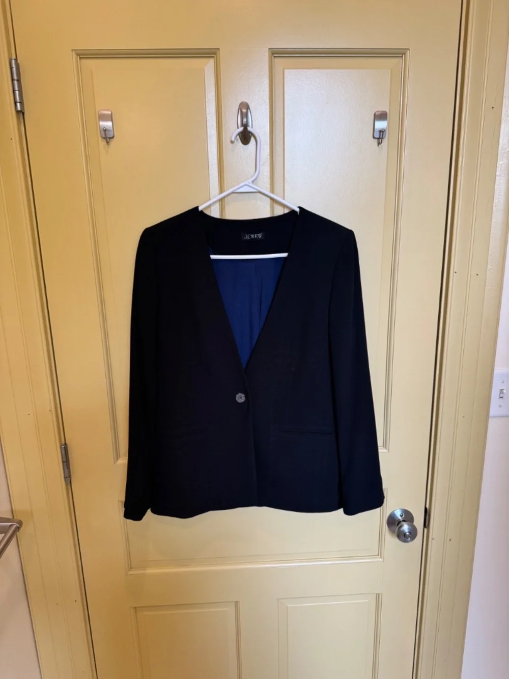 .Crew Collarless Black Blazer Single Button Blue Lining — Size 8 - Picture 1 of 4